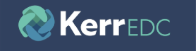 A stylized logo featuring a green and blue interlocking design with the text KerrEDC in white and green