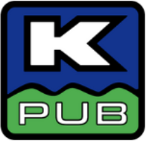 K Pub logo in blue and green with a black border