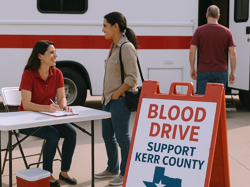 Two women and a man interact at a blood drive sign-up table outside a white vehicle