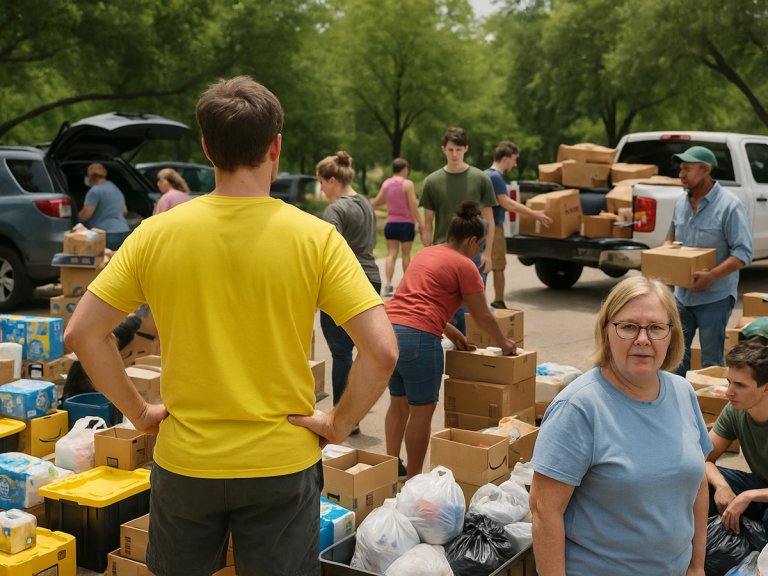 A group of volunteers sorts through boxes and supplies in a parking lot