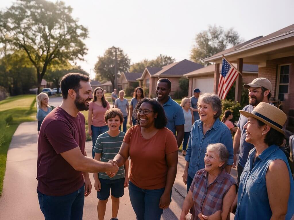 A diverse group of people of all ages are gathered on a suburban street, shaking hands and smiling