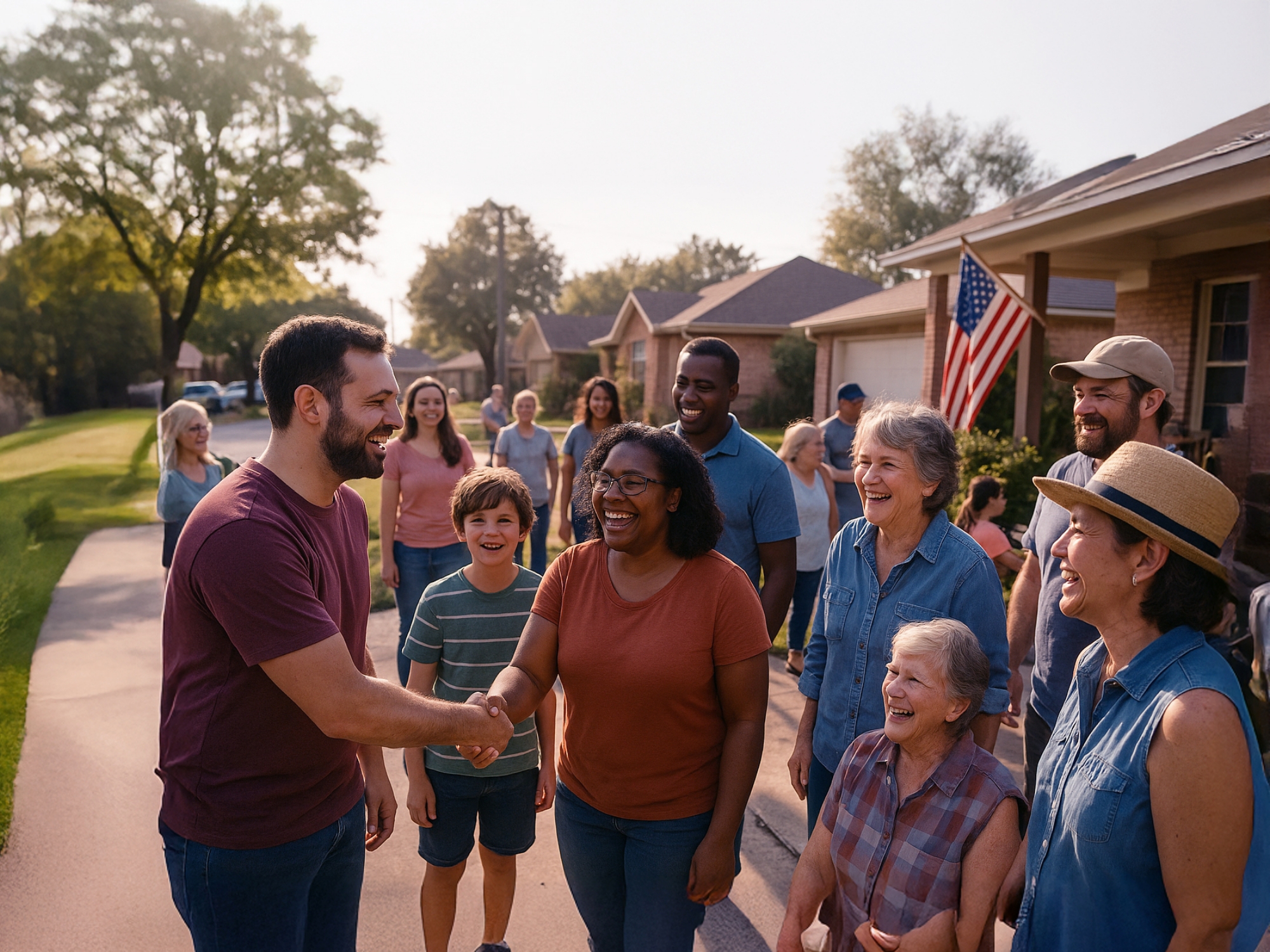 A diverse group of people of all ages are gathered on a suburban street, shaking hands and smiling
