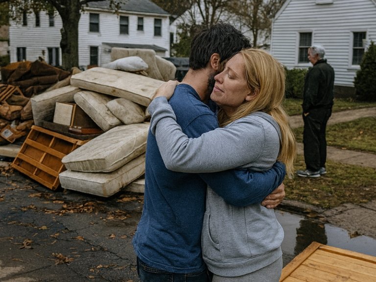 A couple embraces in front of a pile of discarded furniture on a wet street