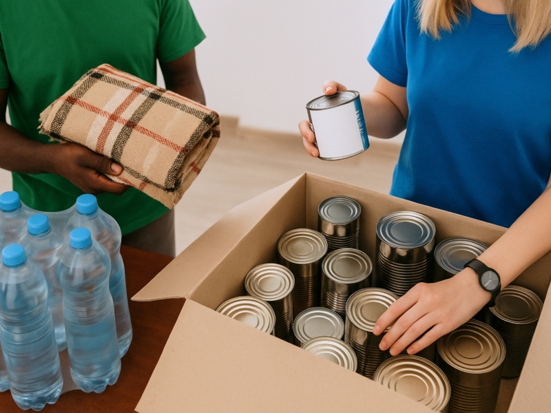 Two people packing a box with canned goods, water bottles, and a blanket for donation