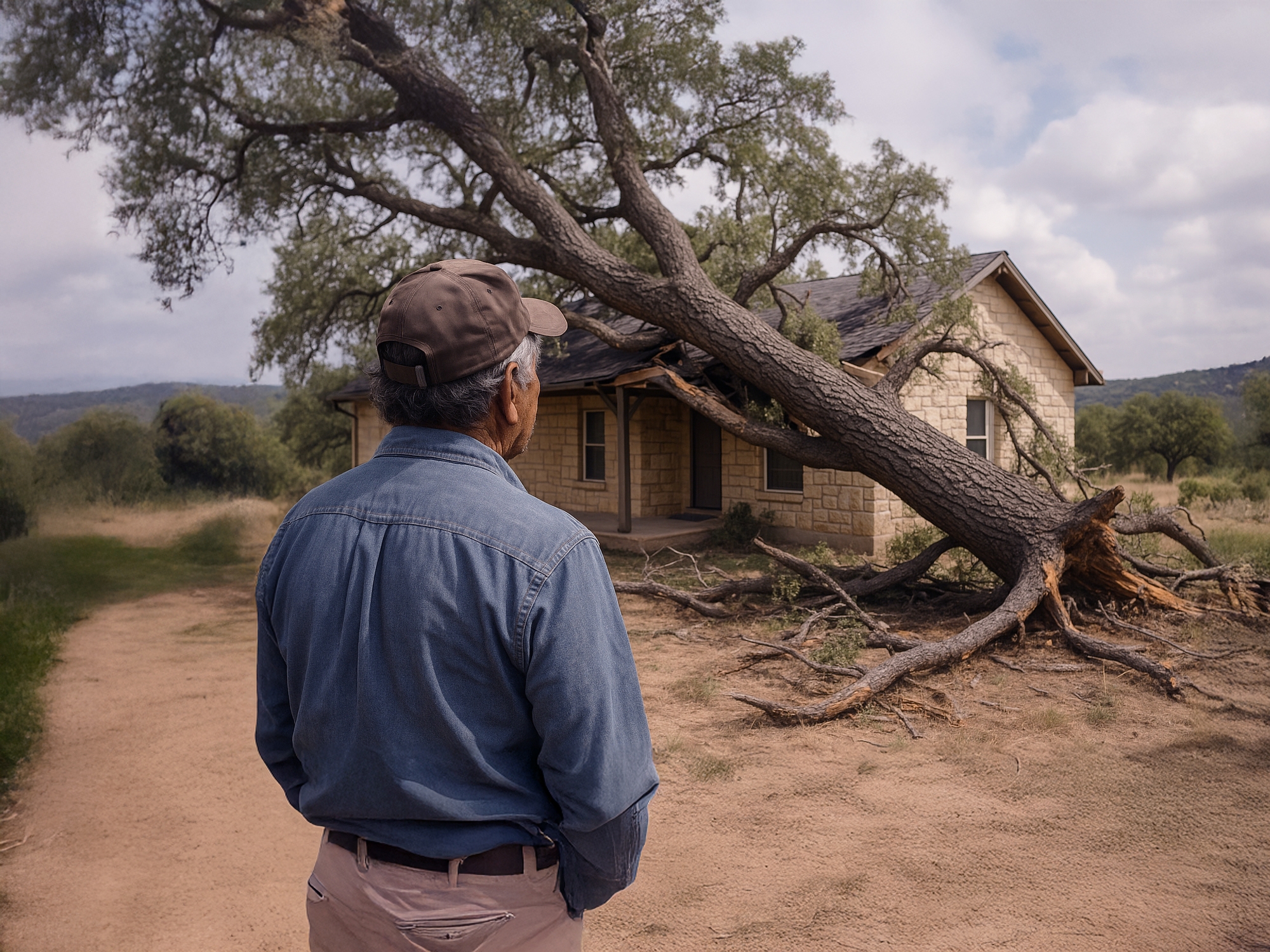 An elderly man in a blue shirt and cap stands on a dirt path, gazing at a small house crushed by a fallen tree