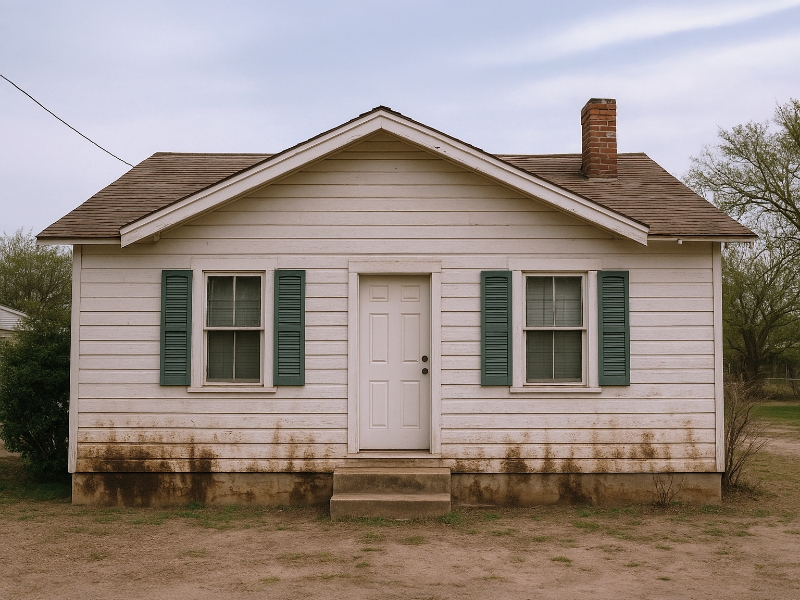 A small, weathered white house with green shutters and a central chimney
