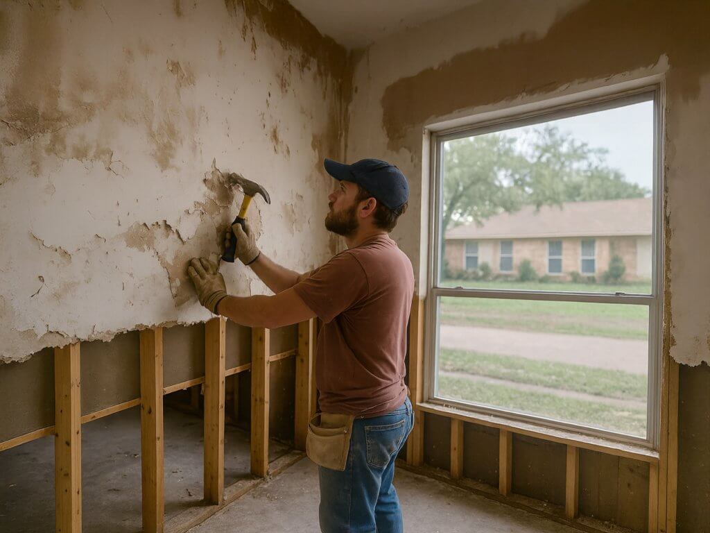 A man wearing a cap and gloves is using a hammer to remove drywall from a wall