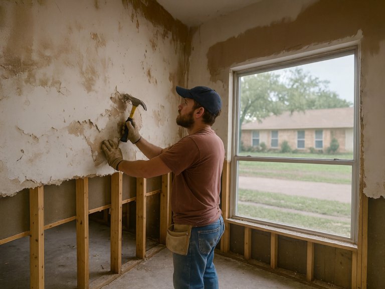 A man wearing a cap and gloves is using a hammer to remove drywall from a wall