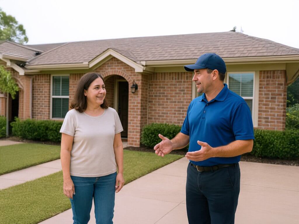 A man and woman are having a conversation outside a brick house with a lawn
