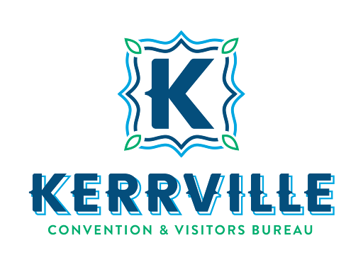 A stylized logo featuring a blue 'K' with green leaf accents, representing Kerrville Convention and Visitors Bureau