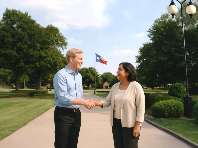 Two people shaking hands on a sunny path lined with trees and a Texas flag
