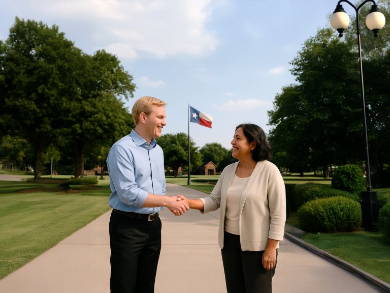 Two people shaking hands on a sunny path with trees and a Texas flag in the background