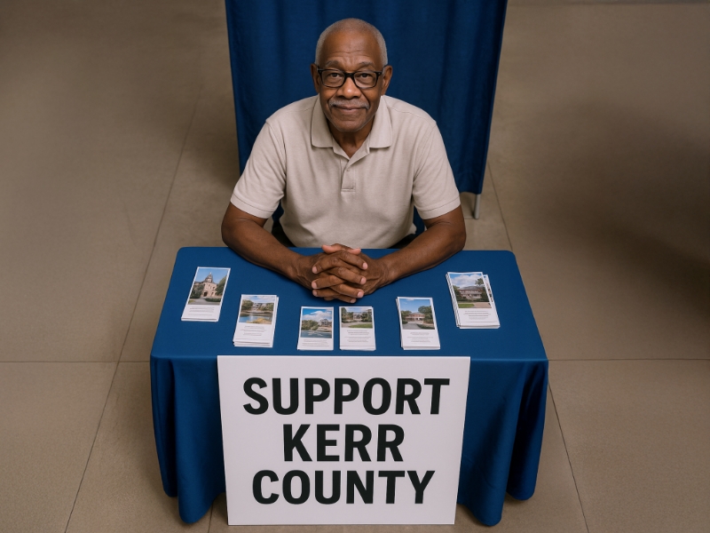 A man sits at a table with a sign reading 'Support Kerr County', surrounded by informational pamphlets
