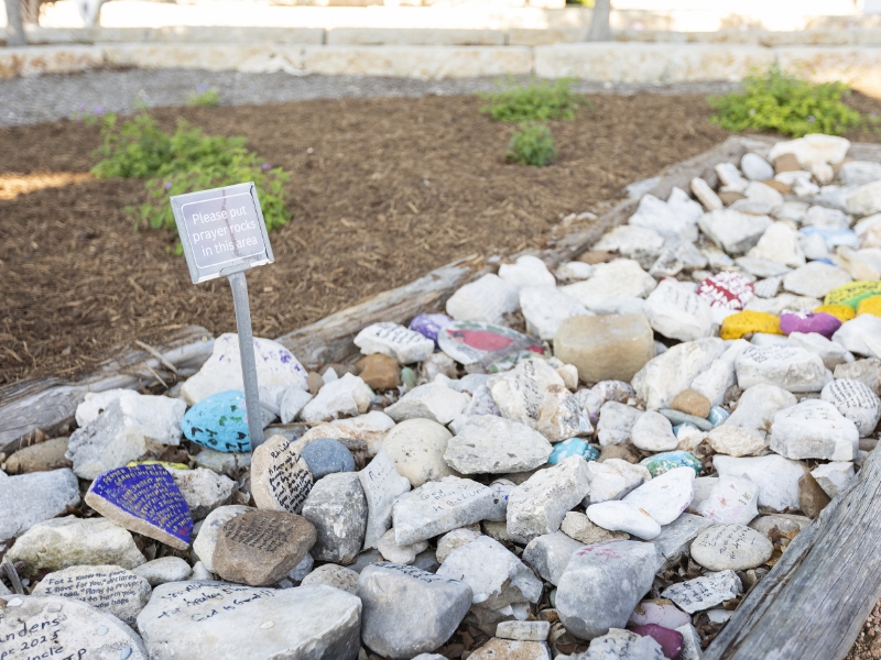 A garden path made of white rocks with colorful painted stones and handwritten messages