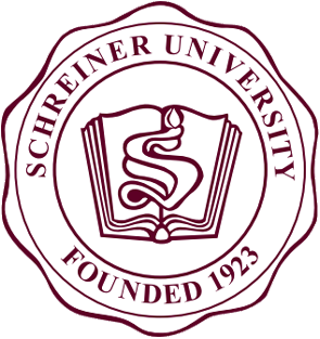 A circular university seal featuring an open book with a stylized 'S' and the text 'Schreiner University' and 'Founded 1923'