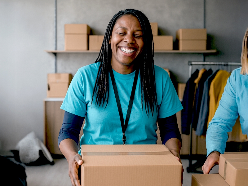 Two women in blue shirts and lanyards happily carry cardboard boxes in a warehouse