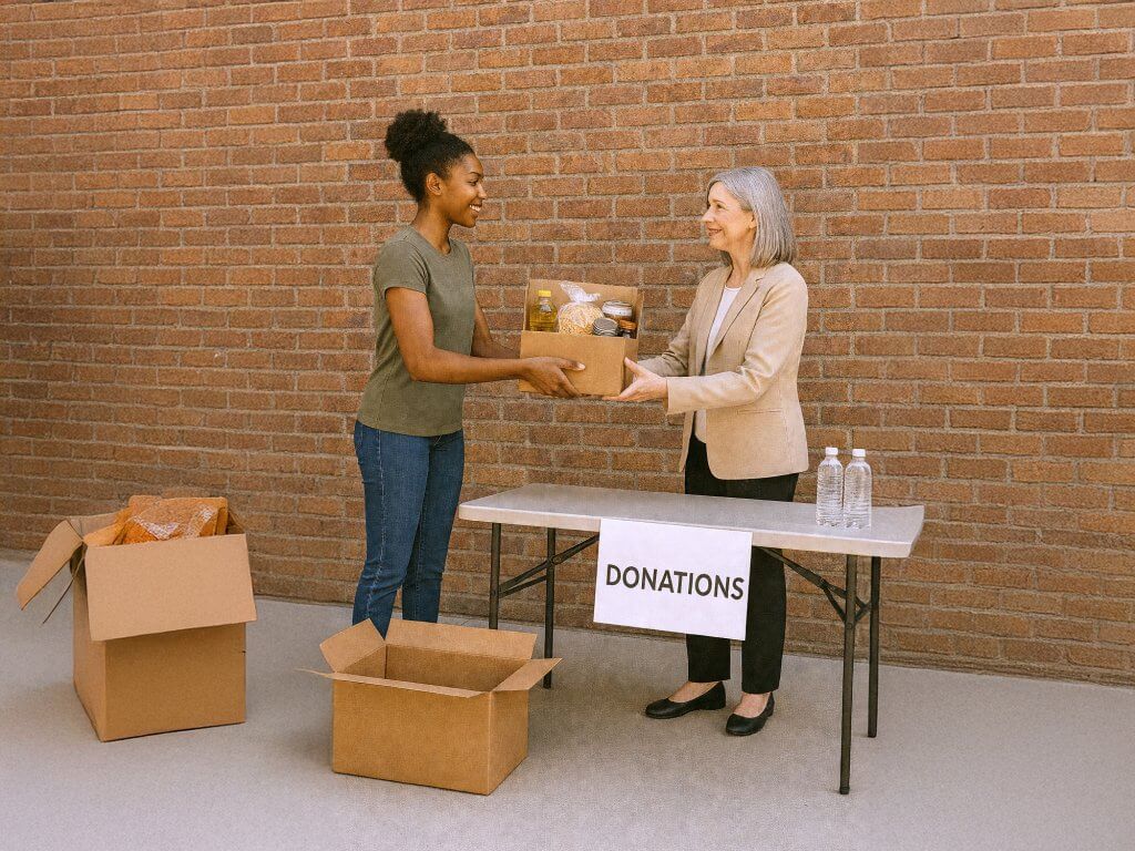Two women exchange a box of food donations at a table with a 'Donations' sign