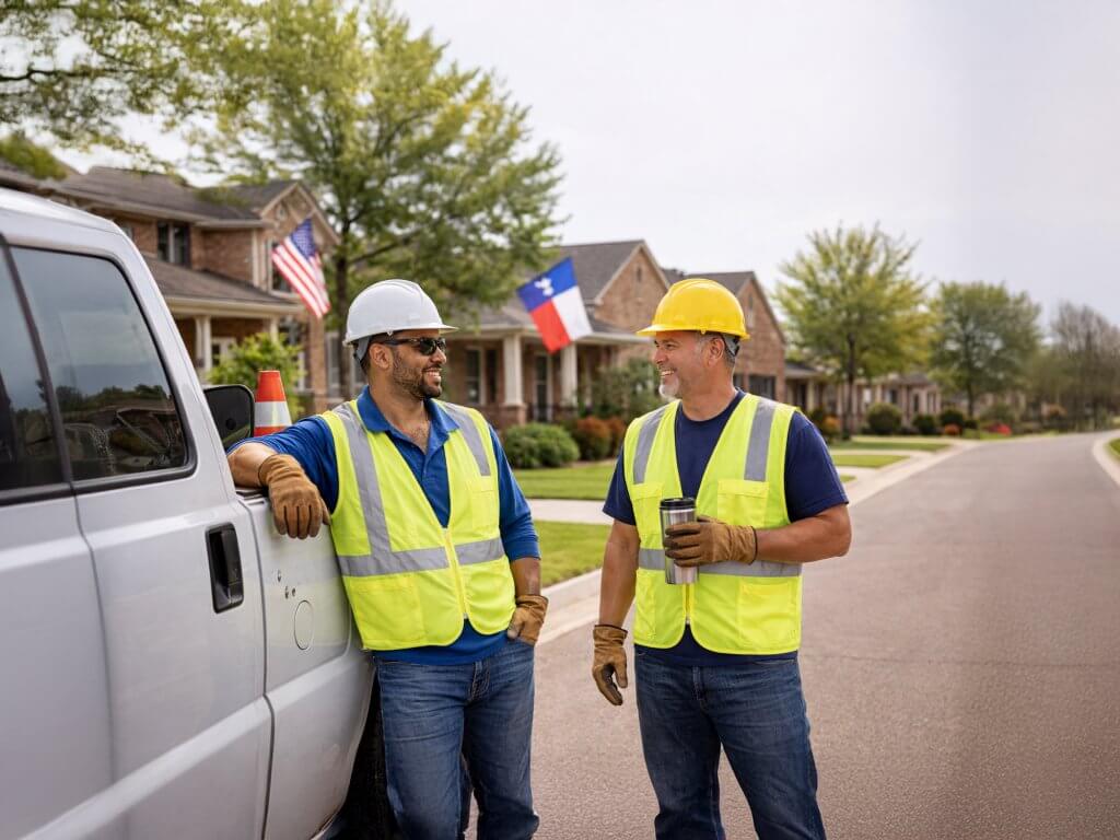 Two construction workers in safety gear discuss a project near a white van in a residential area
