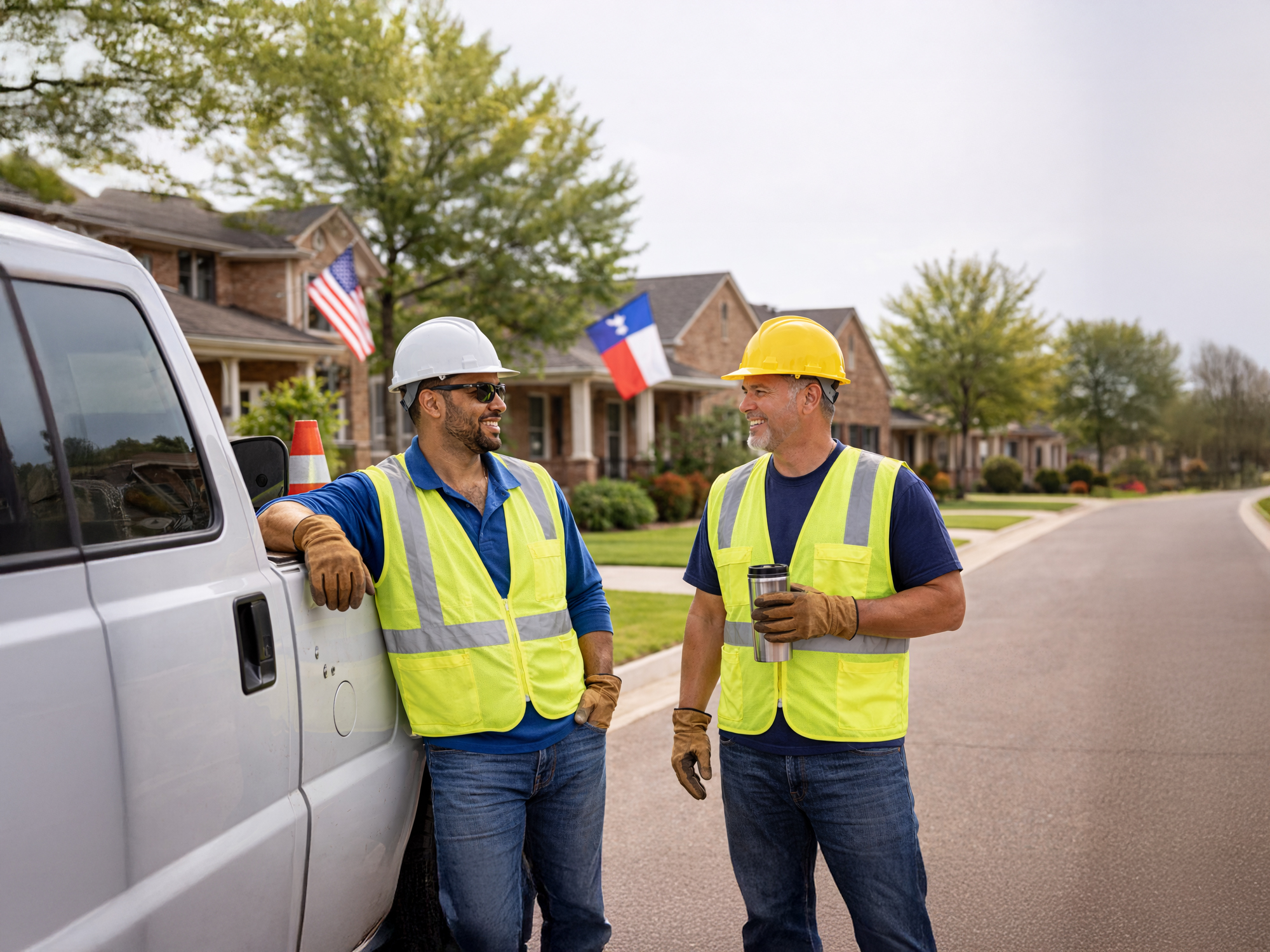 Two construction workers in safety gear discuss a project near a white van in a residential area